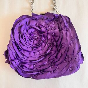 WHBM Womens Rosette Floral Evening Purse 3D Purple Chain Event Wedding Handbag